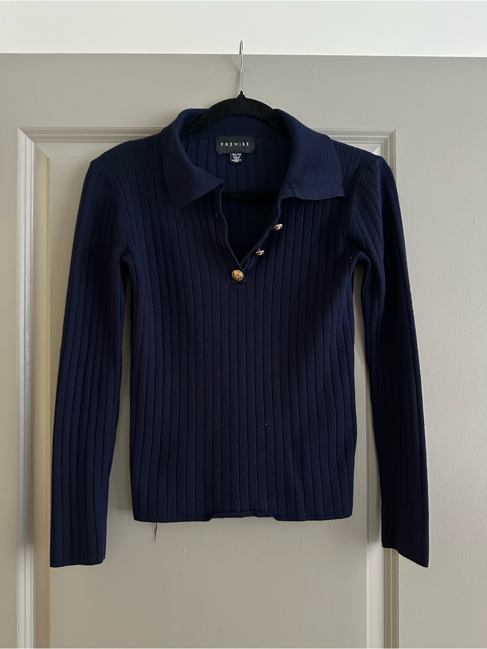 Premise Navy Ribbed Long-Sleeve Polo Top with Gold Buttons